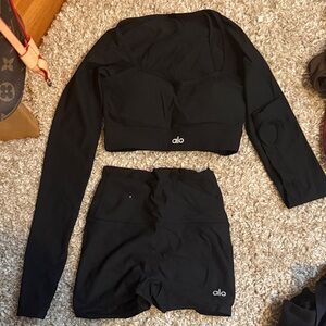 Alo Black Long Sleeve Crop Top and Shorts Set